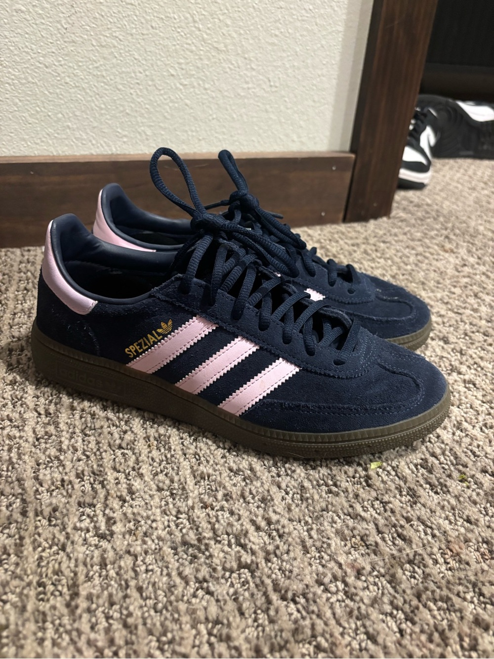 adidas navy and pink suede low-top sneakers